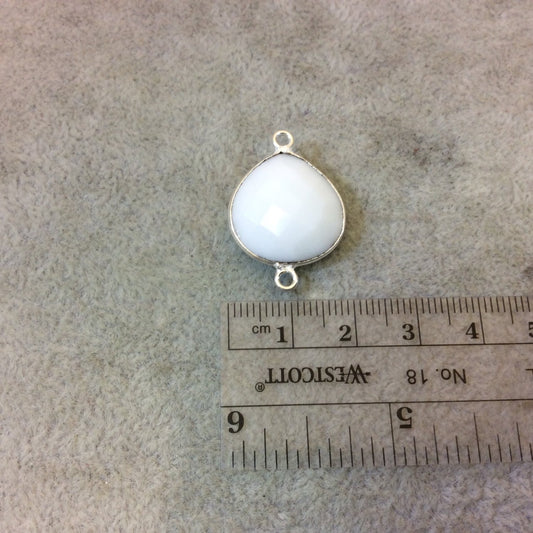 Silver Plated Faceted White Hydro (Lab Created) Chalcedony Heart/Teardrop Shaped Bezel Connector - Measuring 18mm x 18mm - Sold Individually
