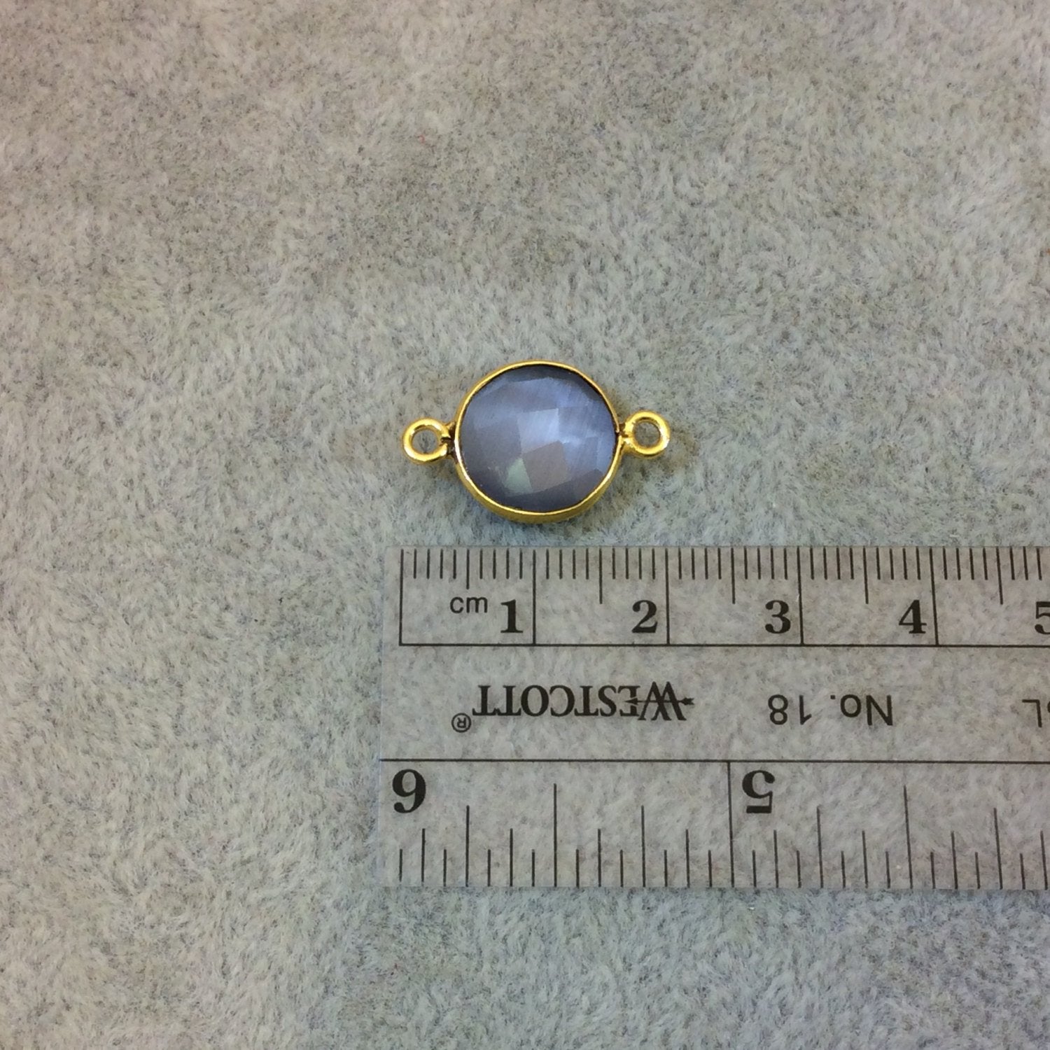 Gold Plated Faceted Synthetic Gray Cat's Eye (Manmade Glass) Round/Coin Shaped Bezel Connector - Measuring 12mm x 12mm - Sold Individually