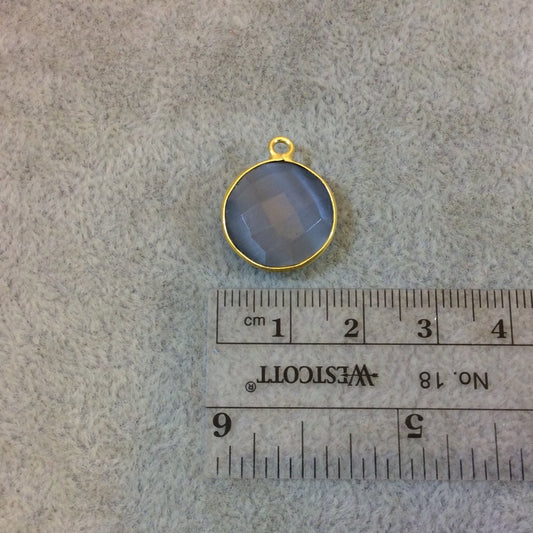 Gold Plated Faceted Synthetic Gray Cat's Eye (Manmade Glass) Round/Coin Shaped Bezel Pendant - Measuring 15mm x 15mm - Sold Individually