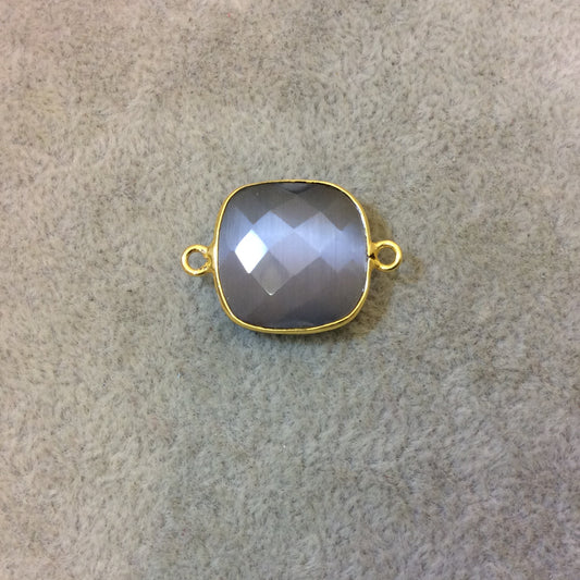 Gray Cat's Eye Bezel | Gold Plated Faceted Synthetic (Manmade Glass) Square Shaped Bezel Connector - Measuring 18mm x 18mm