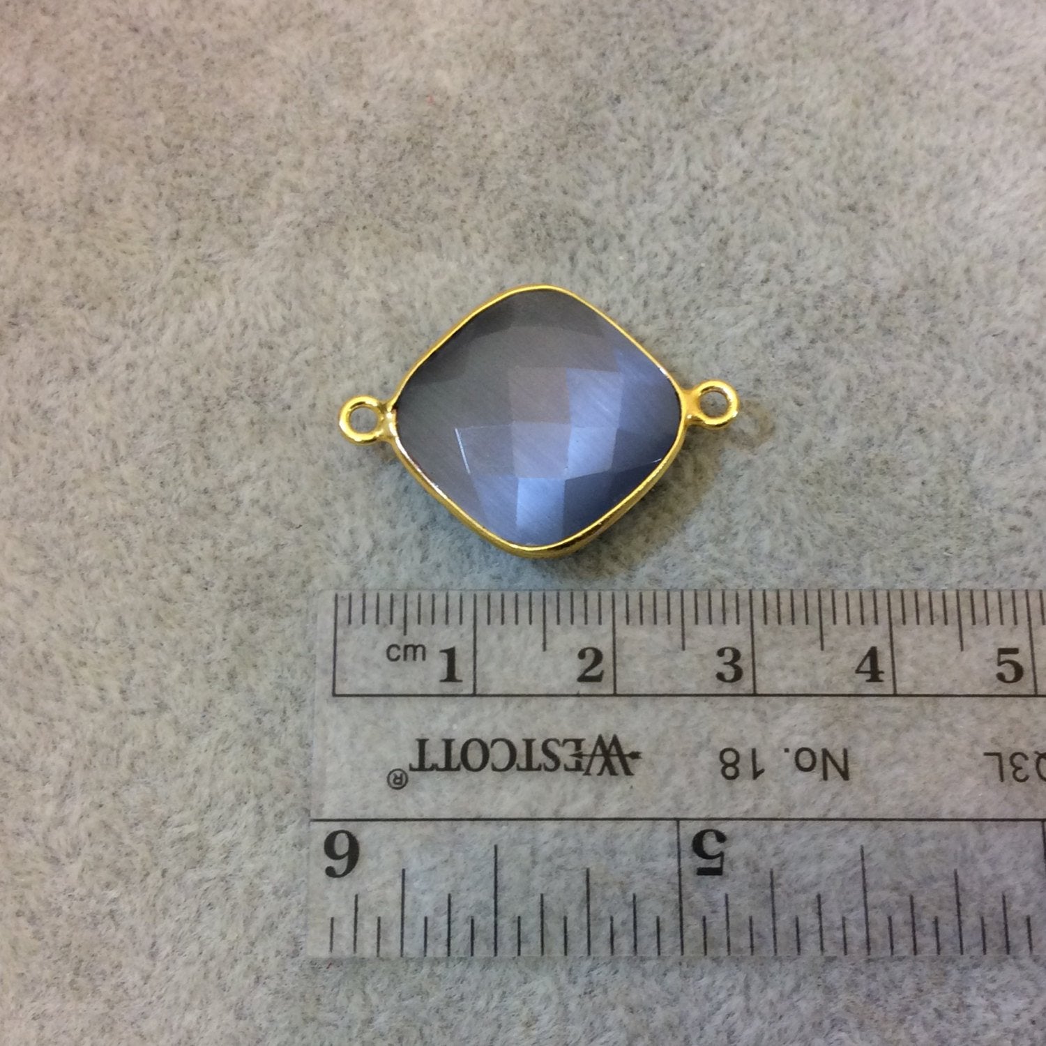 Gold Plated Faceted Synthetic Gray Cat's Eye (Manmade Glass) Diamond Shaped Bezel Connector - Measuring 18mm x 18mm - Sold Individually