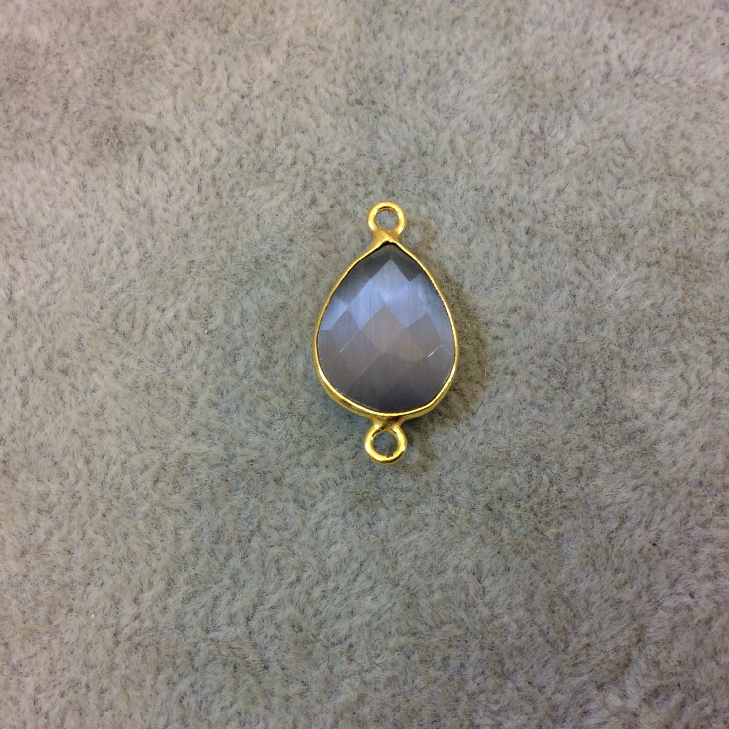 Gold Plated Faceted Synthetic Gray Cat's Eye (Manmade Glass) Pear/Teardrop Shape Bezel Connector - Measuring 12mm x 16mm - Sold Individually