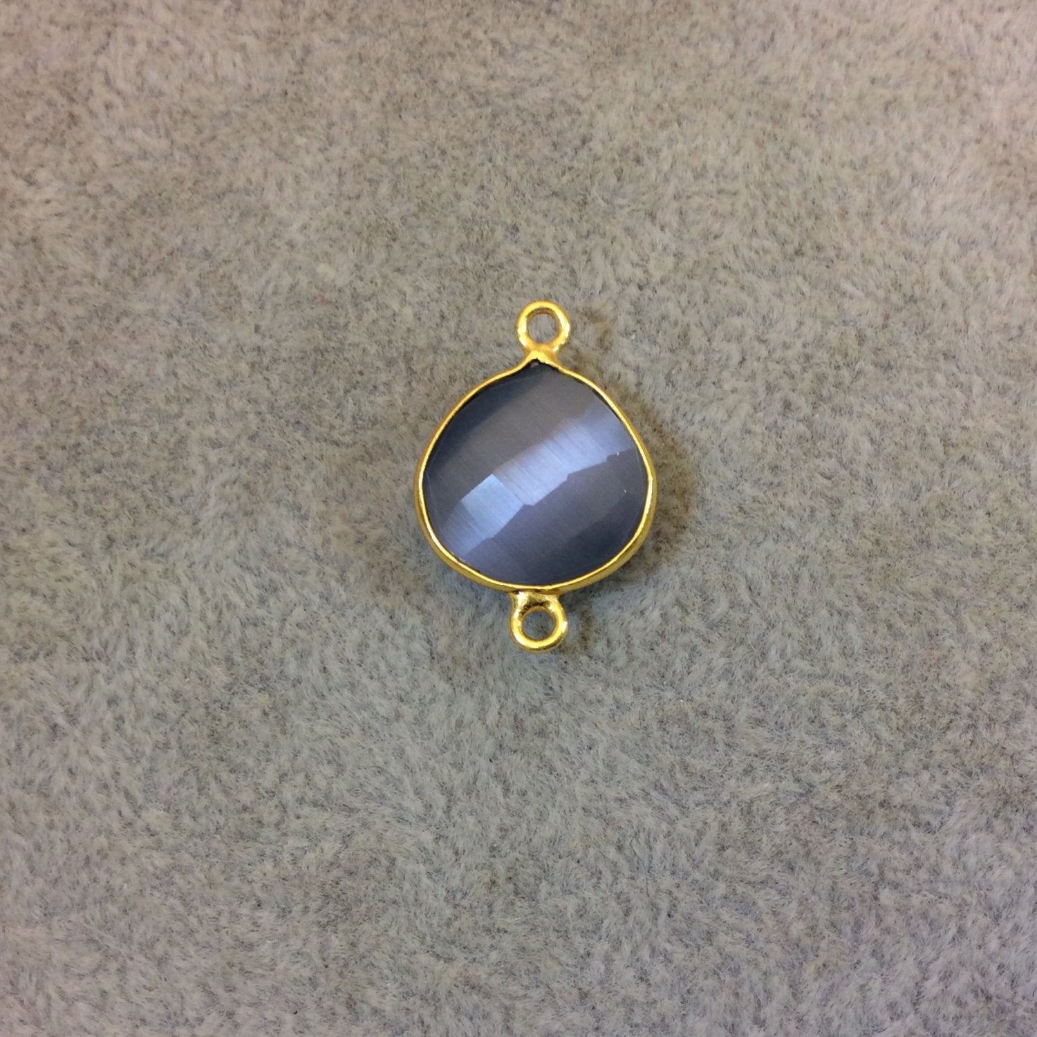 Gold Plated Faceted Synthetic Gray Cat's Eye (Manmade Glass) Heart/Teardrop Shaped Bezel Connector - Measuring 15mm x 15mm - Sold Individual