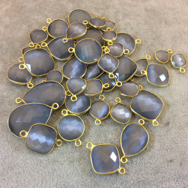 Gold Plated Faceted Synthetic Gray Cat's Eye (Manmade Glass) Round/Coin Shaped Bezel Connector - Measuring 12mm x 12mm - Sold Individually