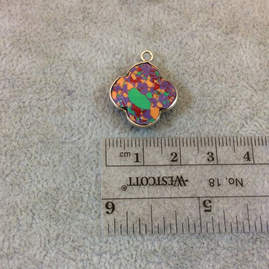 OOAK Silver Plated Faceted Manmade Resin/Clay Spotted Multicolor Quatrefoil Shaped Bezel Pendant - Measuring 18mm x 18mm - Sold Individually