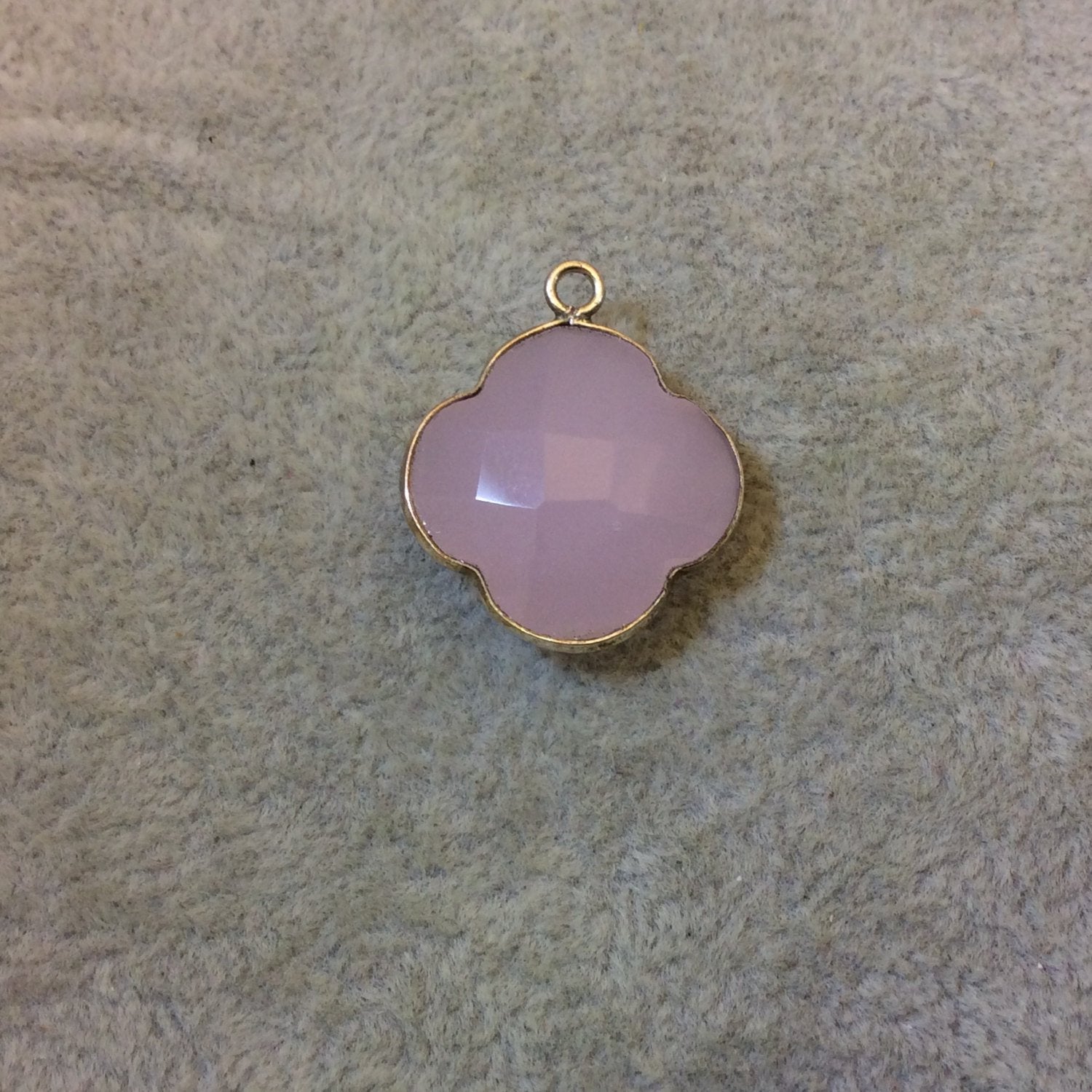 Silver Plated Faceted Pink Hydro (Lab Created) Chalcedony Quatrefoil/Clover Shaped Bezel Pendant - Measuring 18mm x 18mm - Sold Individually
