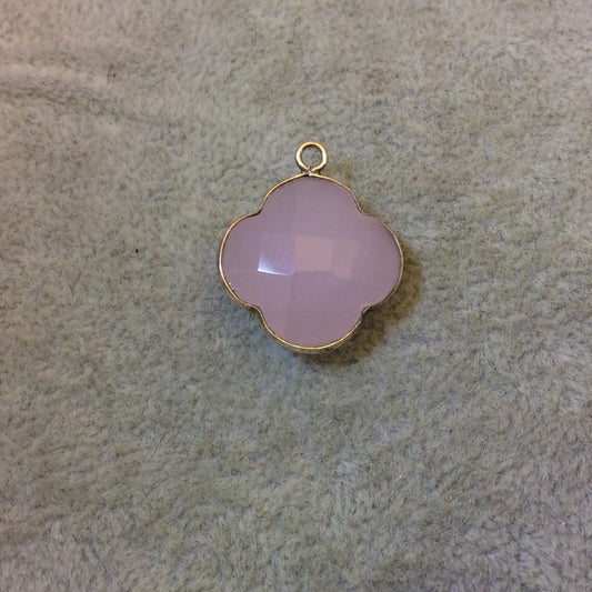 Silver Plated Faceted Pink Hydro (Lab Created) Chalcedony Quatrefoil/Clover Shaped Bezel Pendant - Measuring 18mm x 18mm - Sold Individually