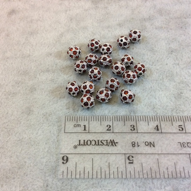 6mm Pave Style Red Glass Encrusted Silver Plated Round/Ball Shaped Beads with 1mm Holes - Sold Individually - Elegant Metal Beads