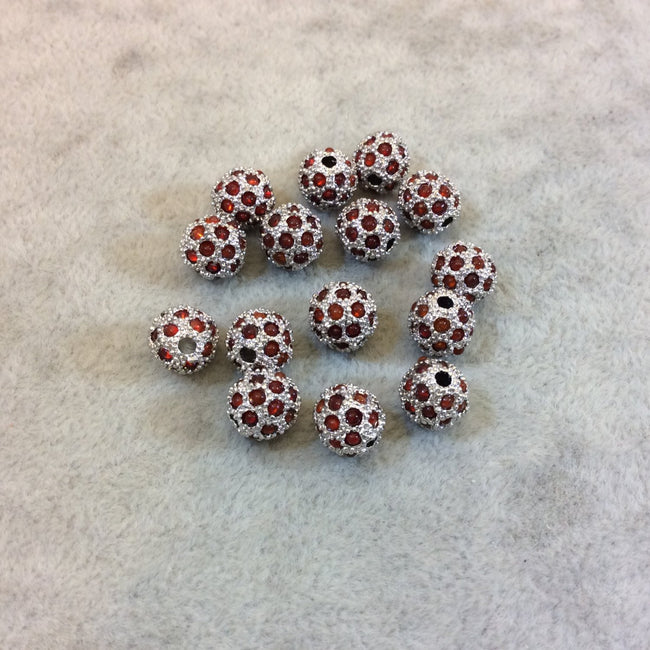 9mm Pave Style Red Glass Encrusted Silver Plated Round/Ball Shaped Beads with 1.5mm Holes - Sold Individually - Elegant Metal Beads