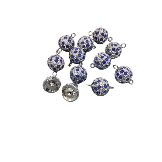 11mm Pave Style Blue Glass Encrusted Silver Plated Round/Ball Shaped Threaded Twist Clasps- Sold Individually - Elegant and Classy