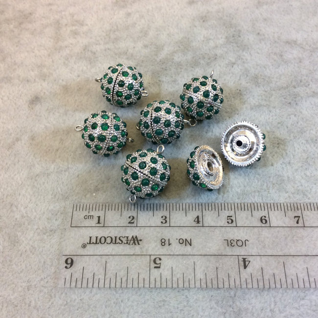 15mm Pave Style Green Glass Encrusted Silver Plated Round/Ball Shaped Threaded Twist Clasps- Sold Individually - Elegant and Classy