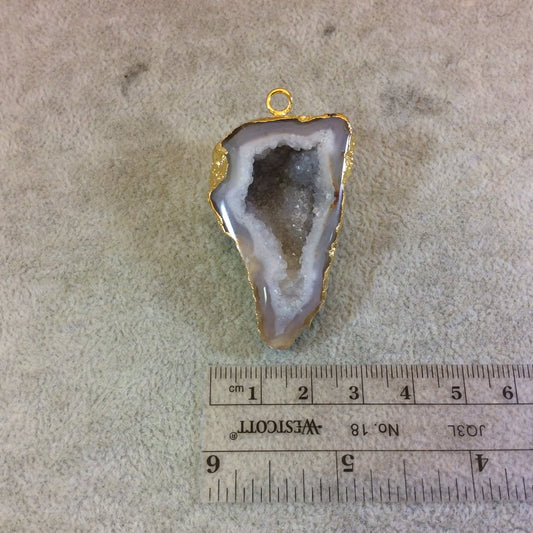 OOAK Large Gold Electroplated Light Gray Druzy Geode Agate Freeform Shaped Unique Focal Pendant - Measuring 29mm x 47mm Approximately