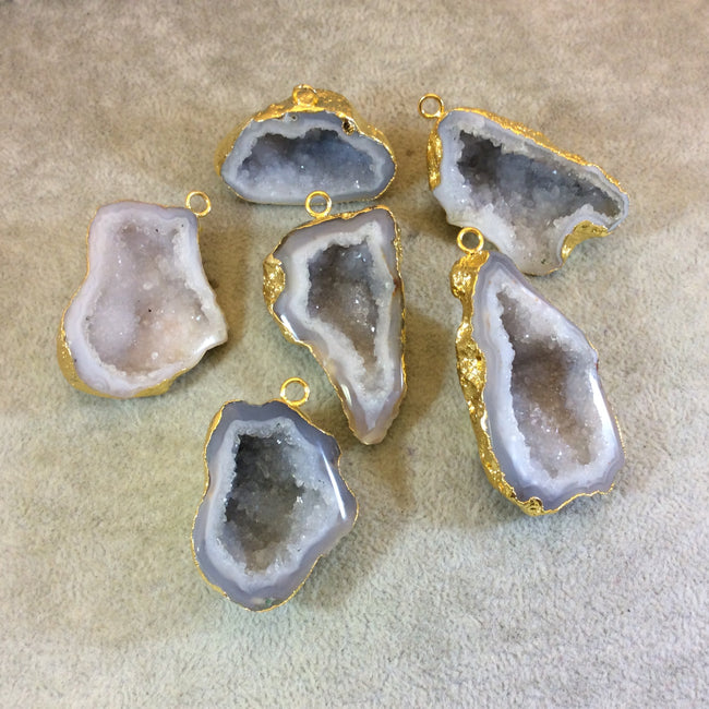 OOAK Large Gold Electroplated Light Gray Druzy Geode Agate Freeform Shaped Unique Focal Pendant - Measuring 39mm x 25mm Approximately