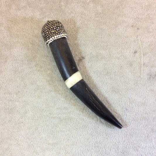4" Pave Rhinestone Encrusted Natural Black/White Ox Bone Tusk Shaped Pendant with Gray/White Rhinestones - Measuring 18mm x 100mm, Approx.