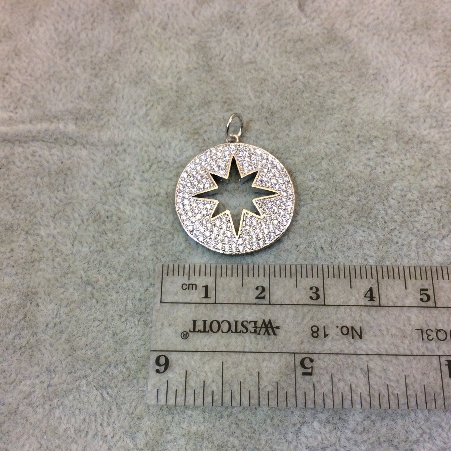Silver Plated CZ Cubic Zirconia Inlaid Round/Star Shaped Copper Pendant - Measuring 23mm x 23mm  - Available in Four Colors, See Related!
