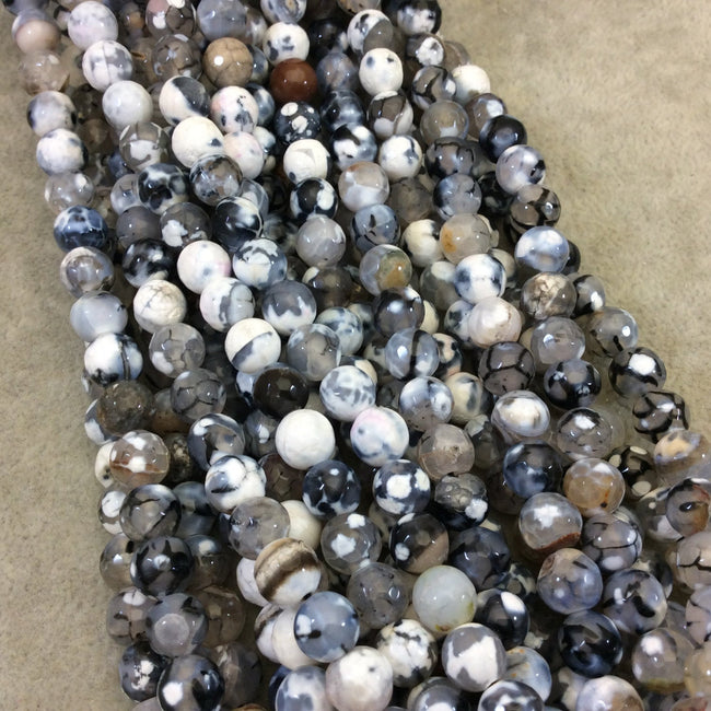 8mm Faceted Round Gray/White Dragon Vein Agate Beads with 1mm Holes - 14.75" Strand (Approximately 48 Beads per Strand) - Natural Gemstone