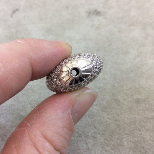 Silver Plated White CZ Cubic Zirconia Inlaid Puffed Coin Shaped Copper Bead - Measuring 25mm x 25mm  - See Related for Other Colors!