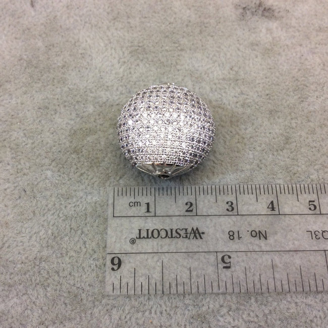 Silver Plated White CZ Cubic Zirconia Inlaid Puffed Coin Shaped Copper Bead - Measuring 25mm x 25mm  - See Related for Other Colors!