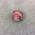 Gold Plated Fuchsia CZ Cubic Zirconia Inlaid Puffed Coin Shaped Copper Bead - Measuring 25mm x 25mm  - See Related for Other Colors!