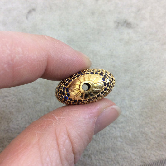 Gold Plated Dark Blue CZ Cubic Zirconia Inlaid Puffed Coin Shaped Copper Bead - Measuring 25mm x 25mm  - See Related for Other Colors!