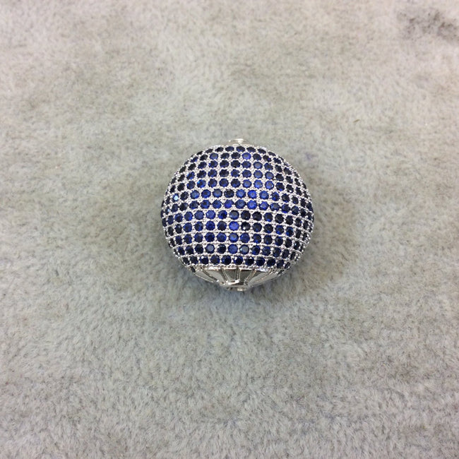 Silver Plated Dark Blue CZ Cubic Zirconia Inlaid Puffed Coin Shaped Copper Bead - Measuring 25mm x 25mm  - See Related for Other Colors!