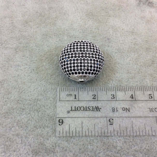 Silver Plated Jet Black CZ Cubic Zirconia Inlaid Puffed Coin Shaped Copper Bead - Measuring 25mm x 25mm  - See Related for Other Colors!