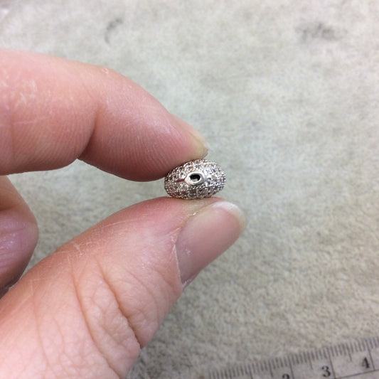 Silver Plated White CZ Cubic Zirconia Inlaid Puffed Oval Shaped Copper Bead - Measuring 11mm x 15mm  - See Related for Other Colors!