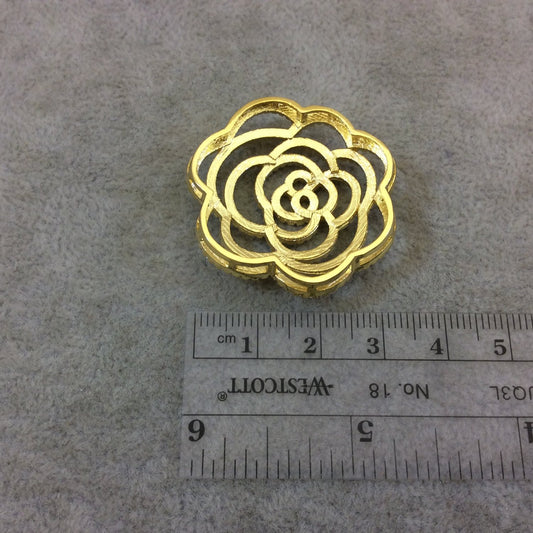 Gold Plated White CZ Cubic Zirconia Inlaid Flat Open Backed Rose Blossom Shaped Copper Slider with 2mm Hole - Measuring 36mm x 36mm