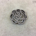 Gunmetal Plated White CZ Cubic Zirconia Inlaid Flat Open Backed Rose Blossom Shaped Copper Slider with 2mm Hole - Measuring 36mm x 36mm