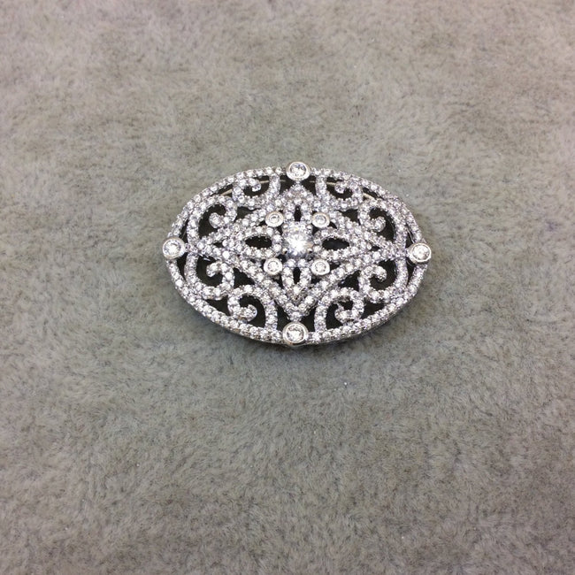 Silver Plated White CZ Cubic Zirconia Inlaid Flat Fancy/Ornate Open Oblong Oval Shaped Copper Slider - Measuring 16mm x 35mm
