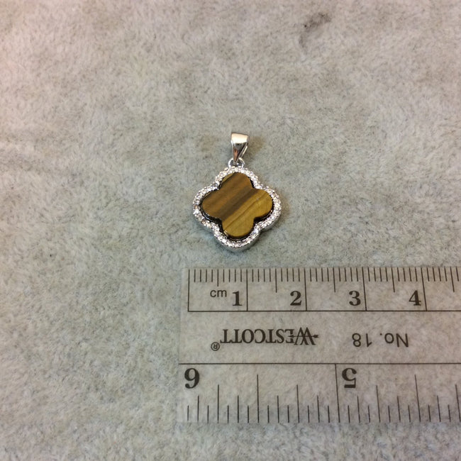 Silver Plated CZ Cubic Zirconia Inlaid Quatrefoil/Clover Shaped Tiger Eye Pendant - Measuring 15mm x 15mm  - Three Colors, See Related!