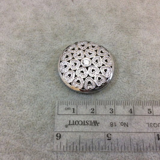 Silver Plated White CZ Cubic Zirconia Inlaid Fancy/Ornate Heart Designed Open Round/Coin Shaped Copper Slider - Measuring 32mm x 32mm
