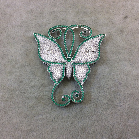 Silver Plated Green/White CZ Cubic Zirconia Inlaid Fancy/Ornate Long Scroll Winged Butterfly Shaped Copper Slider - Measuring 50mm x 57mm