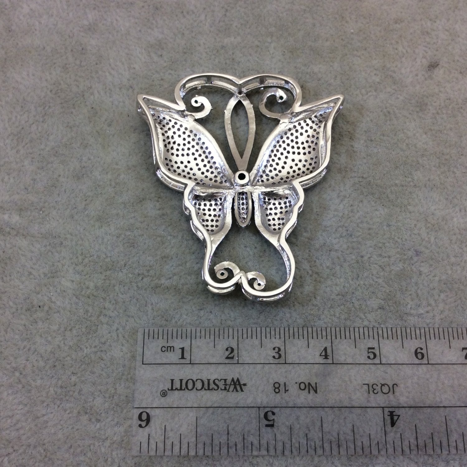Silver Plated Green/White CZ Cubic Zirconia Inlaid Fancy/Ornate Long Scroll Winged Butterfly Shaped Copper Slider - Measuring 50mm x 57mm