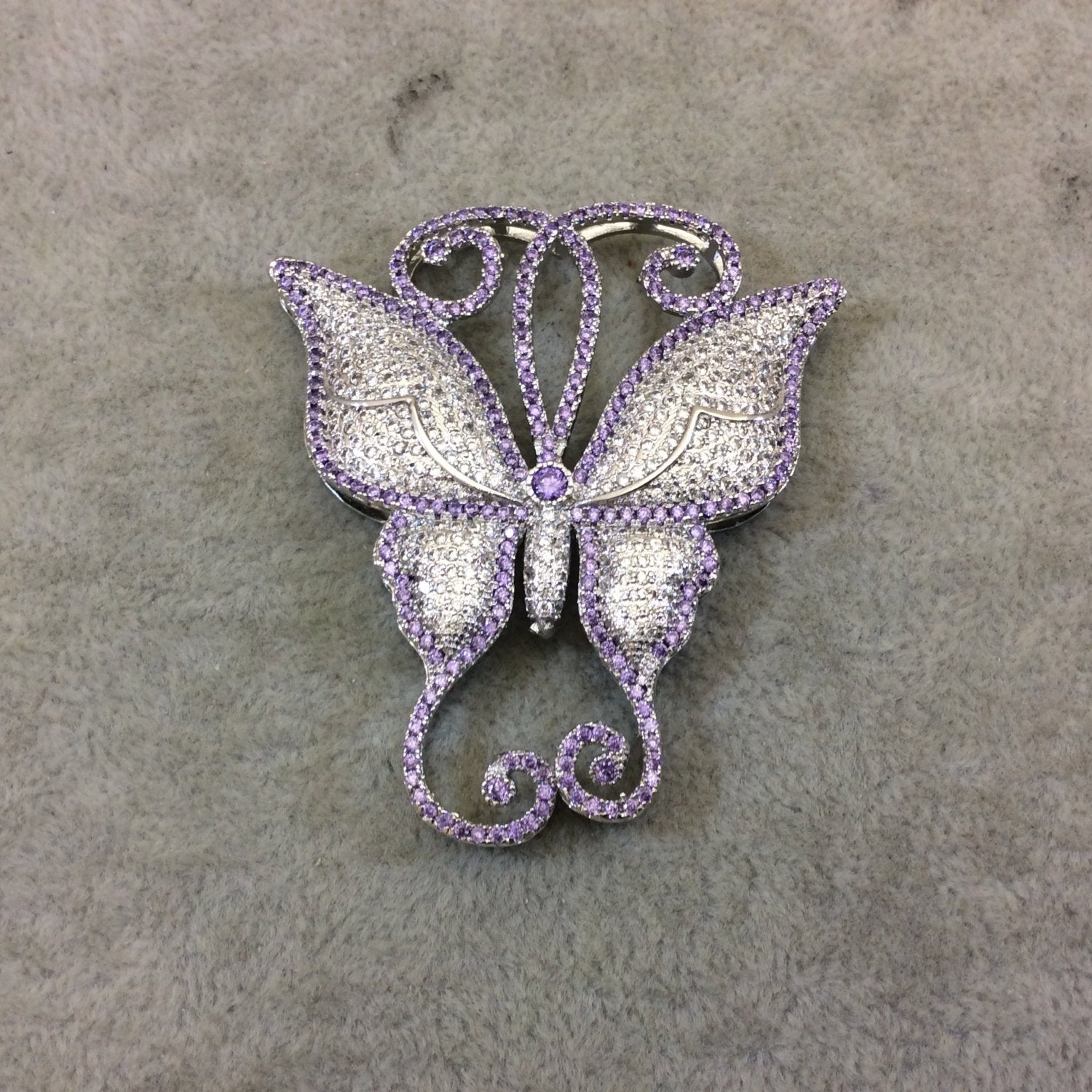 Silver Plated Purple/White CZ Cubic Zirconia Inlaid Fancy/Ornate Long Scroll Winged Butterfly Shaped Copper Slider - Measuring 50mm x 57mm