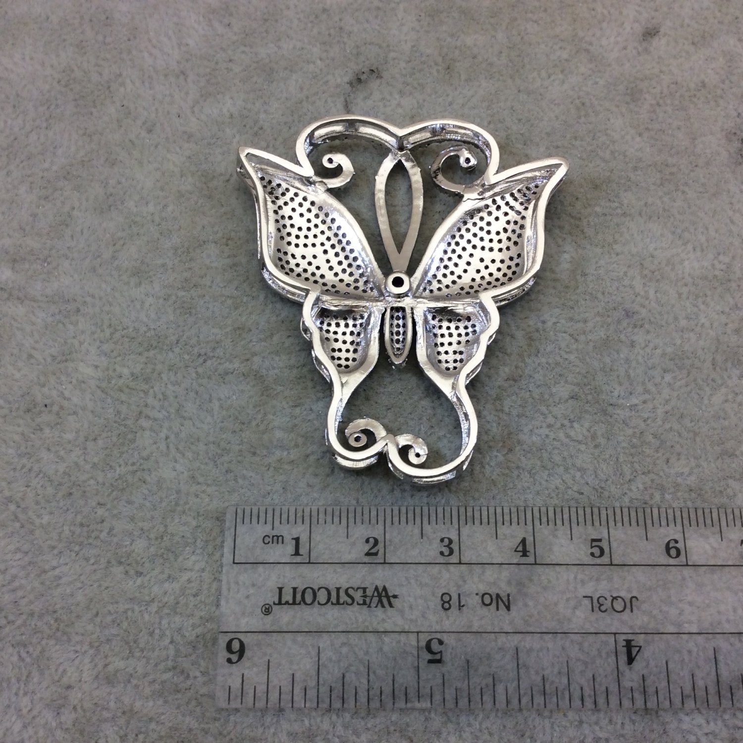 Silver Plated Purple/White CZ Cubic Zirconia Inlaid Fancy/Ornate Long Scroll Winged Butterfly Shaped Copper Slider - Measuring 50mm x 57mm