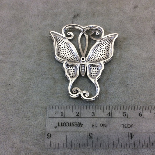 Silver Plated Purple/White CZ Cubic Zirconia Inlaid Fancy/Ornate Long Scroll Winged Butterfly Shaped Copper Slider - Measuring 50mm x 57mm
