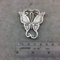 Silver Plated Pink/White CZ Cubic Zirconia Inlaid Fancy/Ornate Long Scroll Winged Butterfly Shaped Copper Slider - Measuring 50mm x 57mm