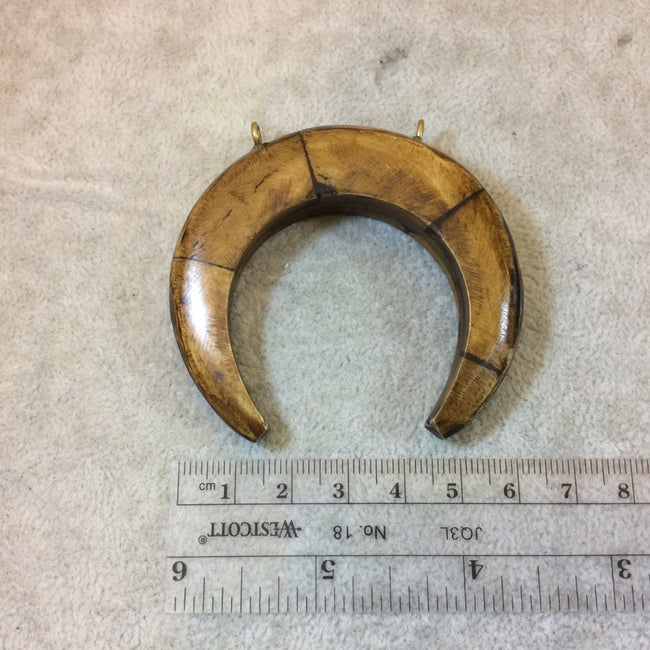 2.5" Mixed Brown Thick Crescent Arch Shaped Natural Ox Bone Pendant with Gold Plated Suspension Rings - Measuring 62mm x 58mm - (TR079-MB)