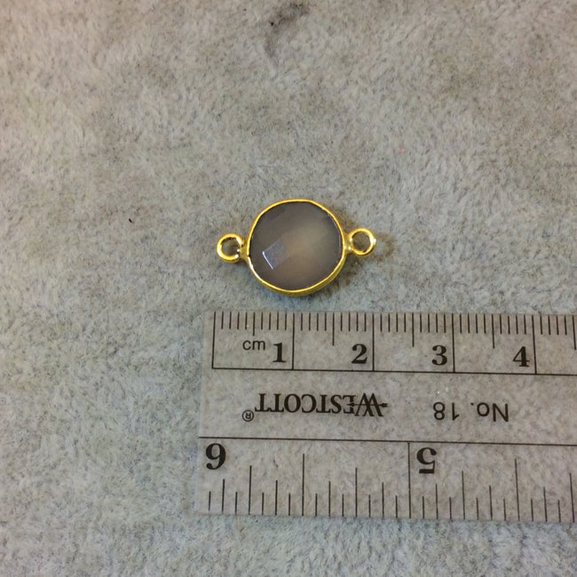 Gold Plated Faceted Natural Semi-Opaque Gray Chalcedony Round/Coin Shaped Bezel Connector - Measuring 12mm x 12mm - Sold Individually