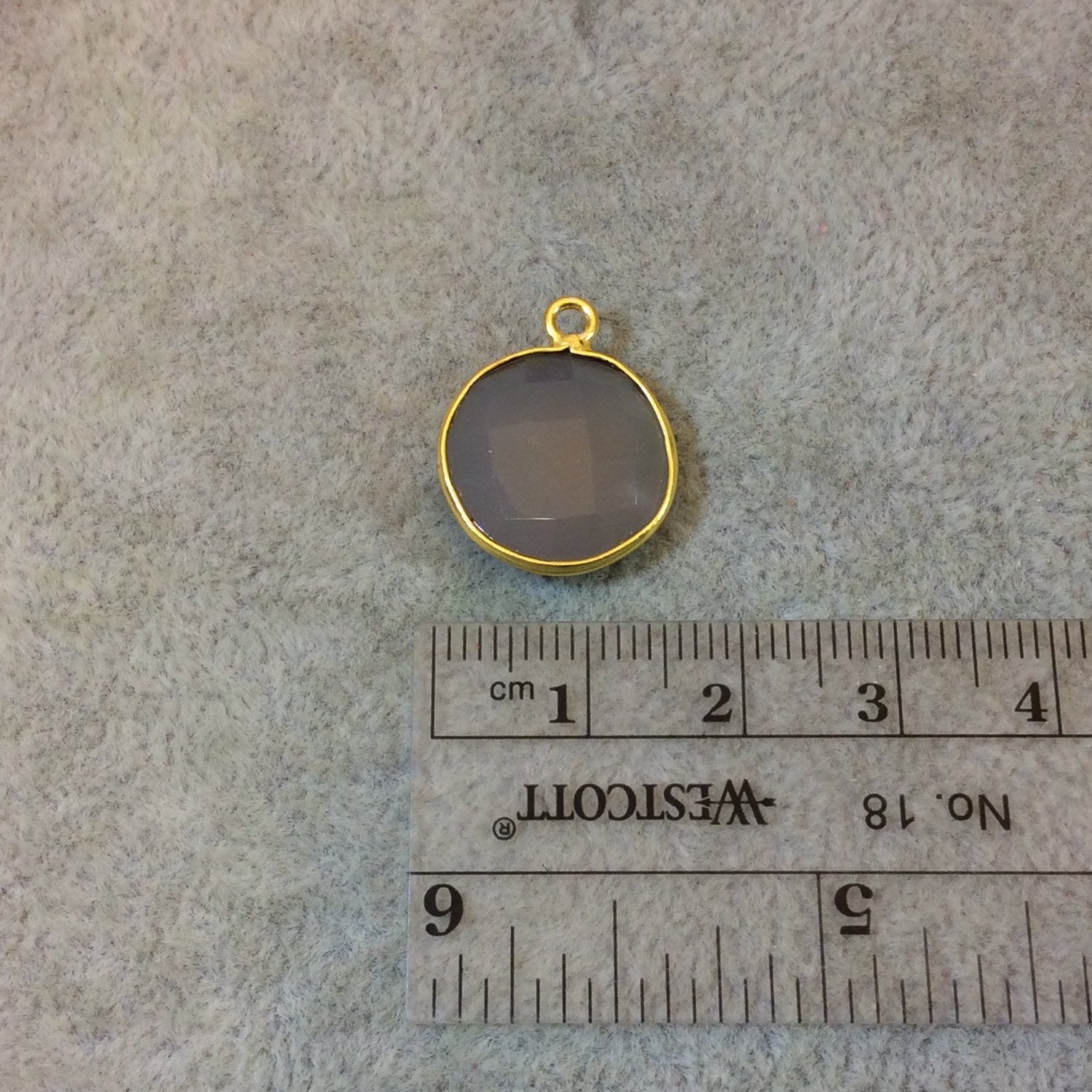 Gold Plated Faceted Natural Semi-Opaque Gray Chalcedony Round/Coin Shaped Bezel Pendant - Measuring 15mm x 15mm - Sold Individually