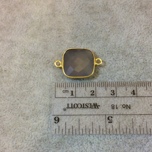 Gold Plated Faceted Natural Semi-Opaque Gray Chalcedony Square Shaped Bezel Connector - Measuring 15mm x 15mm - Sold Individually