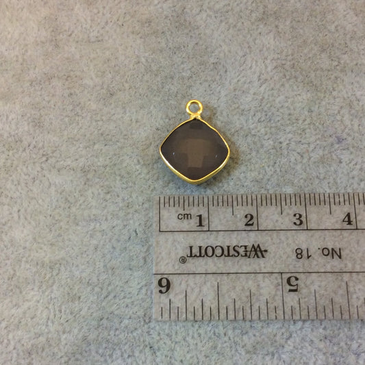 Gold Plated Faceted Natural Semi-Opaque Gray Chalcedony Diamond Shaped Bezel Pendant - Measuring 12mm x 12mm - Sold Individually