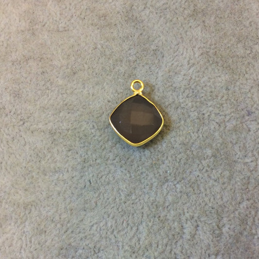 Gold Plated Faceted Natural Semi-Opaque Gray Chalcedony Diamond Shaped Bezel Pendant - Measuring 12mm x 12mm - Sold Individually