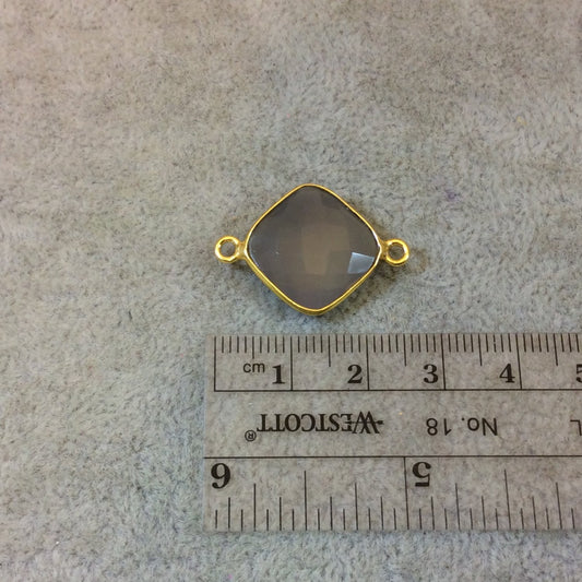 Gold Plated Faceted Natural Semi-Opaque Gray Chalcedony Diamond Shaped Bezel Connector - Measuring 15mm x 15mm - Sold Individually