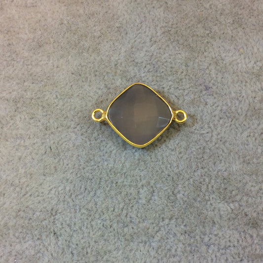 Gold Plated Faceted Natural Semi-Opaque Gray Chalcedony Diamond Shaped Bezel Connector - Measuring 15mm x 15mm - Sold Individually