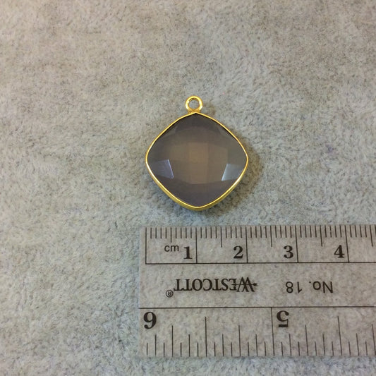 Gold Plated Faceted Natural Semi-Opaque Gray Chalcedony Diamond Shaped Bezel Pendant - Measuring 18mm x 18mm - Sold Individually