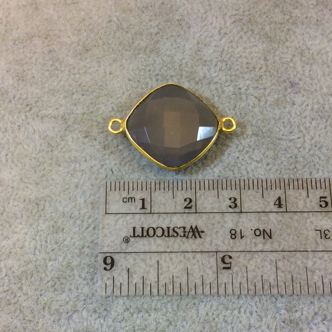 Gold Plated Faceted Natural Semi-Opaque Gray Chalcedony Diamond Shaped Bezel Connector - Measuring 18mm x 18mm - Sold Individually