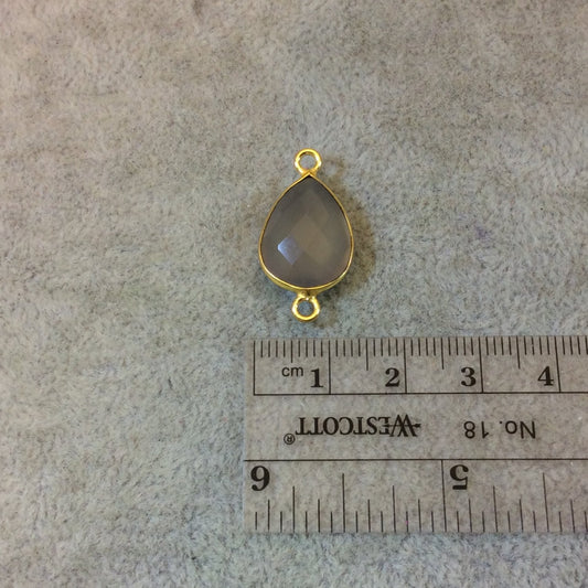 Gold Plated Faceted Natural Semi-Opaque Gray Chalcedony Pear/Teardrop Shaped Bezel Connector - Measuring 12mm x 16mm - Sold Individually