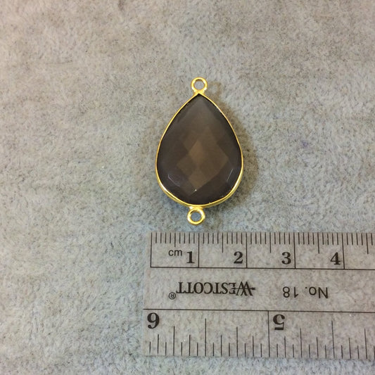 Gold Plated Faceted Natural Semi-Opaque Gray Chalcedony Pear/Teardrop Shaped Bezel Connector - Measuring 18mm x 25mm - Sold Individually